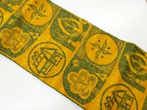 リサイクル　手織り真綿紬市松に家屋・樹木模様織出し名古屋帯